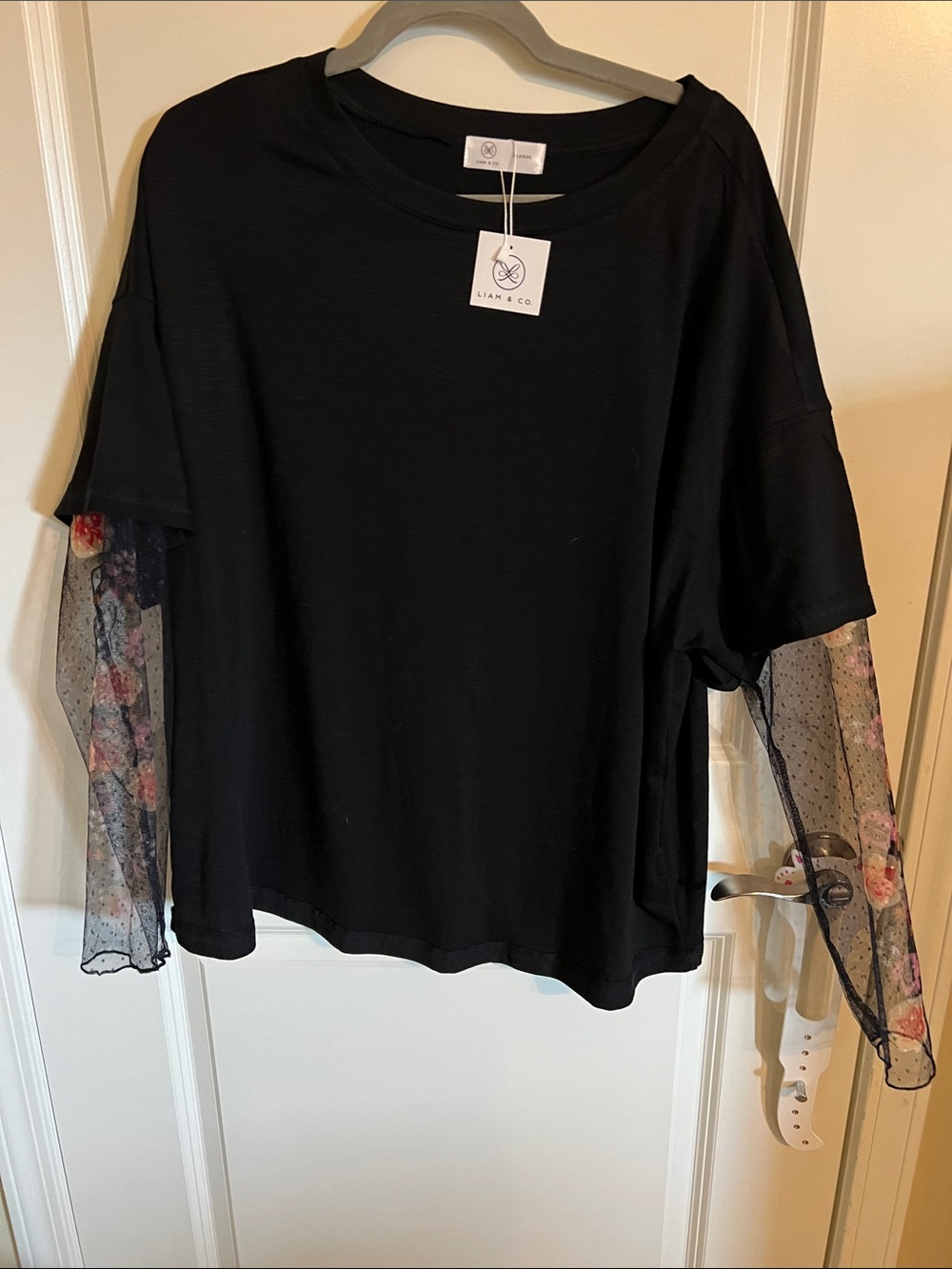 Liana & Co Black Top with Floral Sheer Sleeves